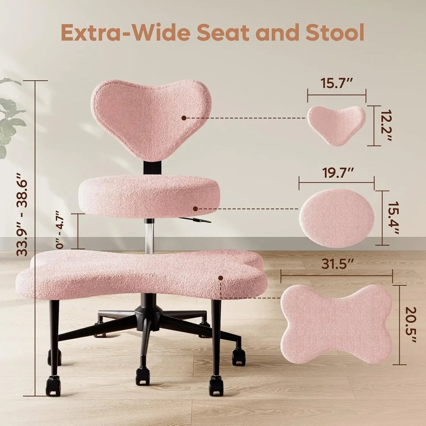 Ergonomic Swivel Meditation Chair, Height-Adjustable, 360° Rotating, Pink Teddy Fabric, for ADHD & Home Office