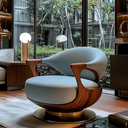 1PJ12New Chinese-style villa large flat-floor study leather walnut rotating ingot chair single sofa