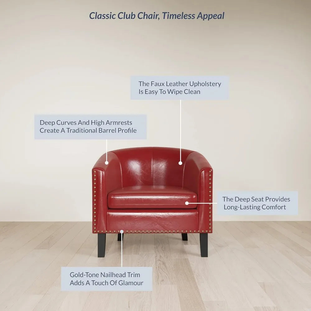 Modern Faux Leather Tub Club Chair with Gold Nail Head Trim for Living Room