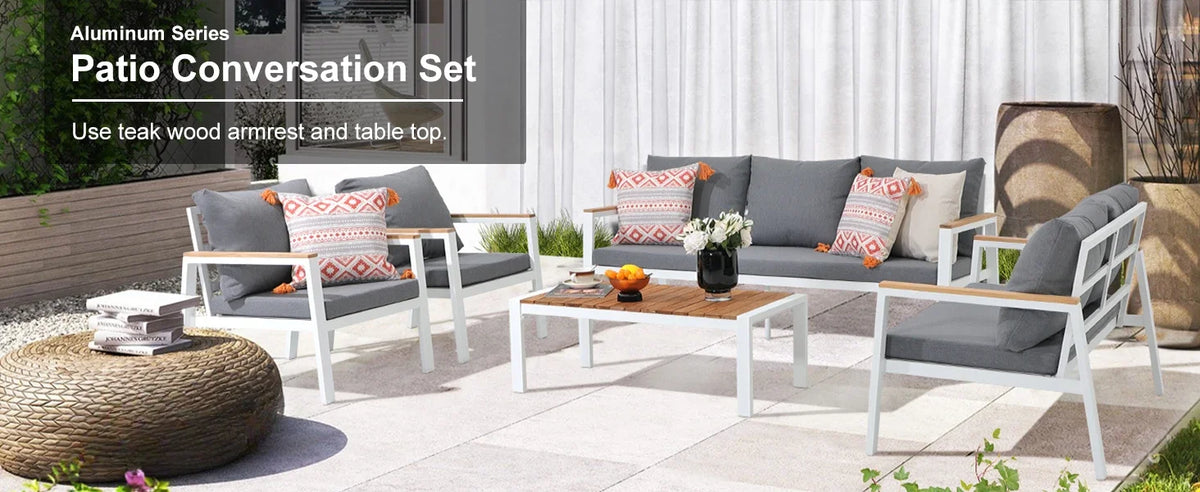 Patio Furniture Set 5 Pieces with Teak Coffee Table & Cushion, Outdoor Patio Furniture Sectional Patio Sofa