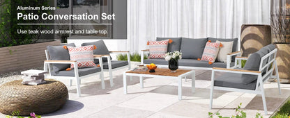 Patio Furniture Set 5 Pieces with Teak Coffee Table & Cushion, Outdoor Patio Furniture Sectional Patio Sofa