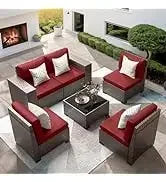 QAZ8-7 Piece Patio Furniture Set Fire Pit Table. Outdoor Conversation Sets Wicker Rattan Sectional Sofa with Coffee TSZ