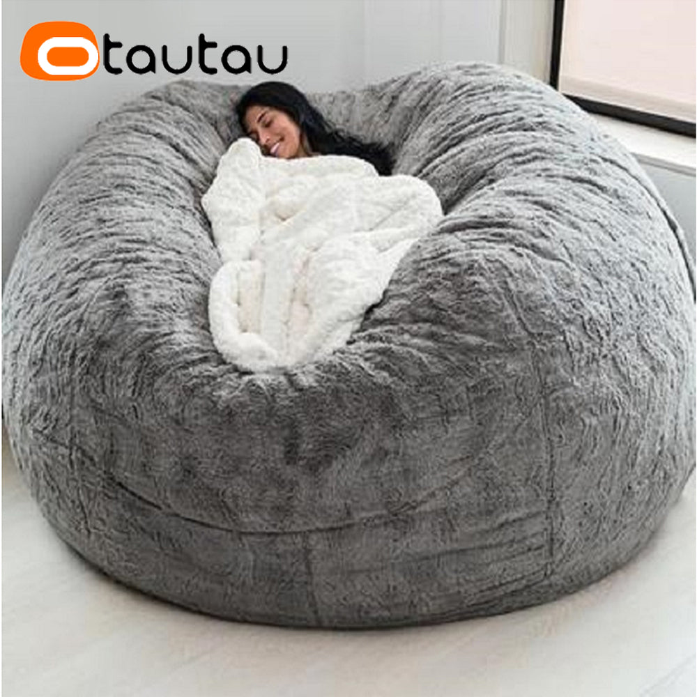 OTAUTAU 5ft Giant Fluffy Faux Bunny Fur Bean Bag Cover Winter Christmas Pouf Cover DD003【No Filler!Need uy Filler By Yourself!】