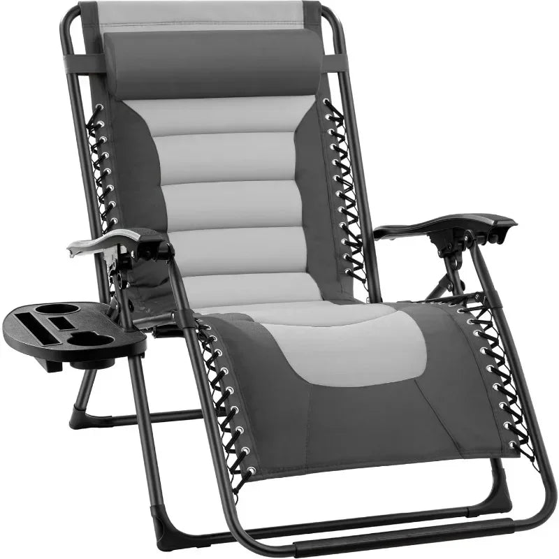 v Oversized Padded Zero Gravity Chair, Folding Outdoor Patio Recliner, XL Anti Gravity Lounger for Backyard w/Headrest, Cup Hold