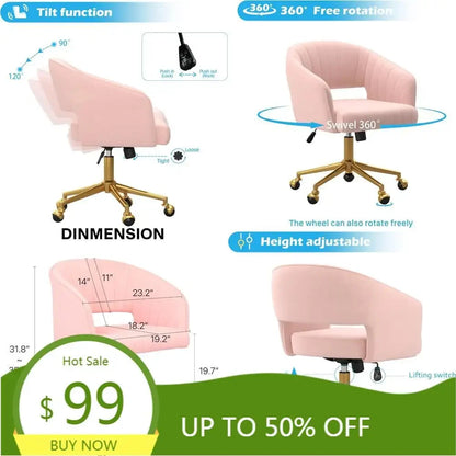 "luxurious swivel velvet desk chair with upholstered accent armchair, modern tufted design, gold base for women's office"
