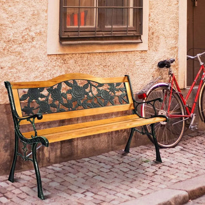 50 Cast Iron & Hardwood Patio Loveseat, Weather-Resistant Outdoor Bench for 2, Suitable for Porch and Garden
