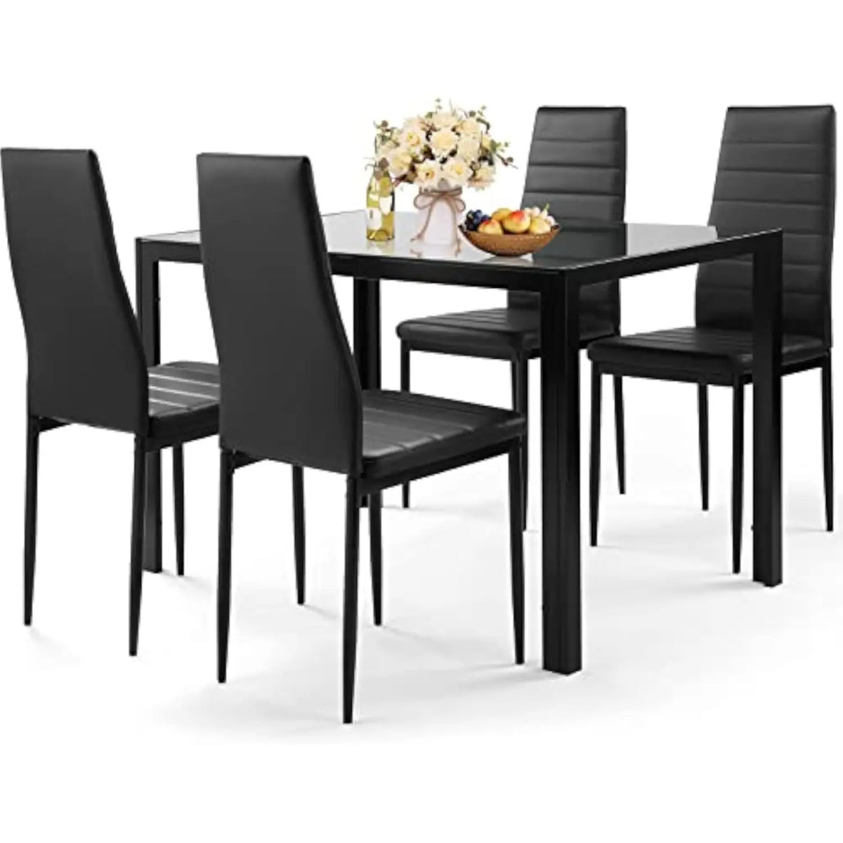 Dining Room Table Set for 4 Dining Table Set with Tempered Glass Table Top and 4 Faux Leather Chairs for Small Spaces Kitchen