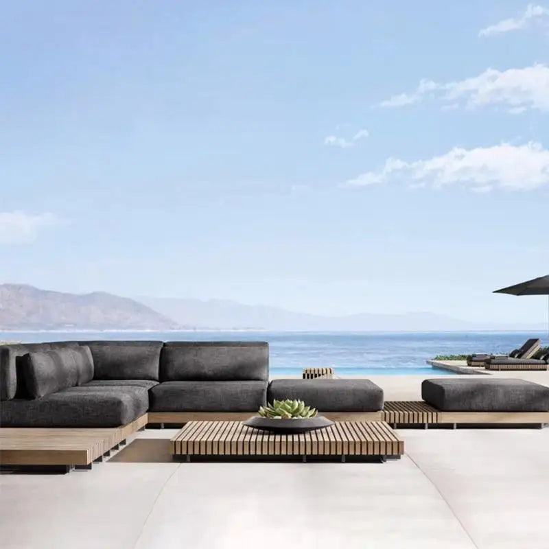Outdoor Garden Villa Waterproof Teak Aluminum Sofa Sunbed and Coffee Table Combination Furniture