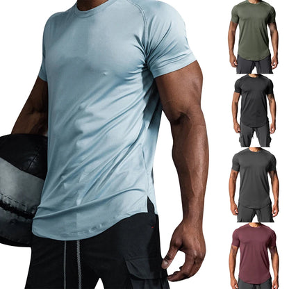 Men Summer Running Shirt Casual Solid Color Round Neck Quick-Drying Short Sleeve Athletic Tops for Streetwear