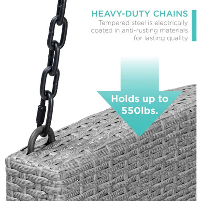 Woven Wicker Outdoor Porch Swing, Hanging Patio Bench for Deck, Garden with Mounting Chains, Seat Cushion - Gr