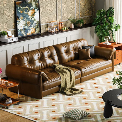 Oil wax leather sofa, French retro style, large and small apartment, living room straight combination