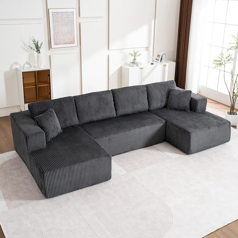 Living Room Boneless Modular Sofa, Corduroy Fabric, Modern U-shaped Leisure Sofa, High-density Sponge, No Assembly, for Home