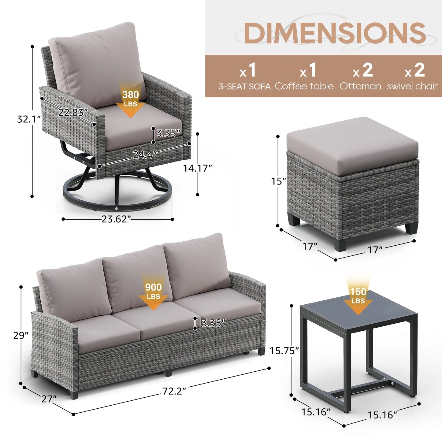 6 Pcs Wicker Patio Furniture Set, Outdoor Swivel Chairs, 3-Seat Sofa, Ottoman & Tempered Glass Side Table, All-Weather Conversat