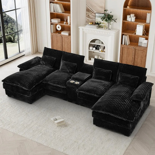 124" U Shaped Cloud Couch Sectional, Comfy Fluffy Plush Corduroy Black Sectional Couches for Living Room,Modern Modular Corduroy