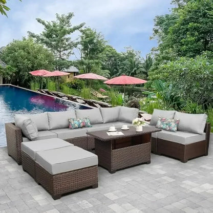 /-Patio Furniture 9 Piec Set with Cushions and 45” Gas fire Pit Table, Outdoor PE Rattan Sectional Conversation Sofa Set