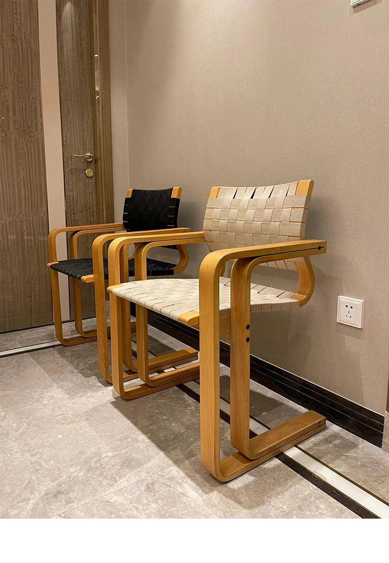 Nordic designer armrest dining chair solid wood medieval weaving home retro backrest chair