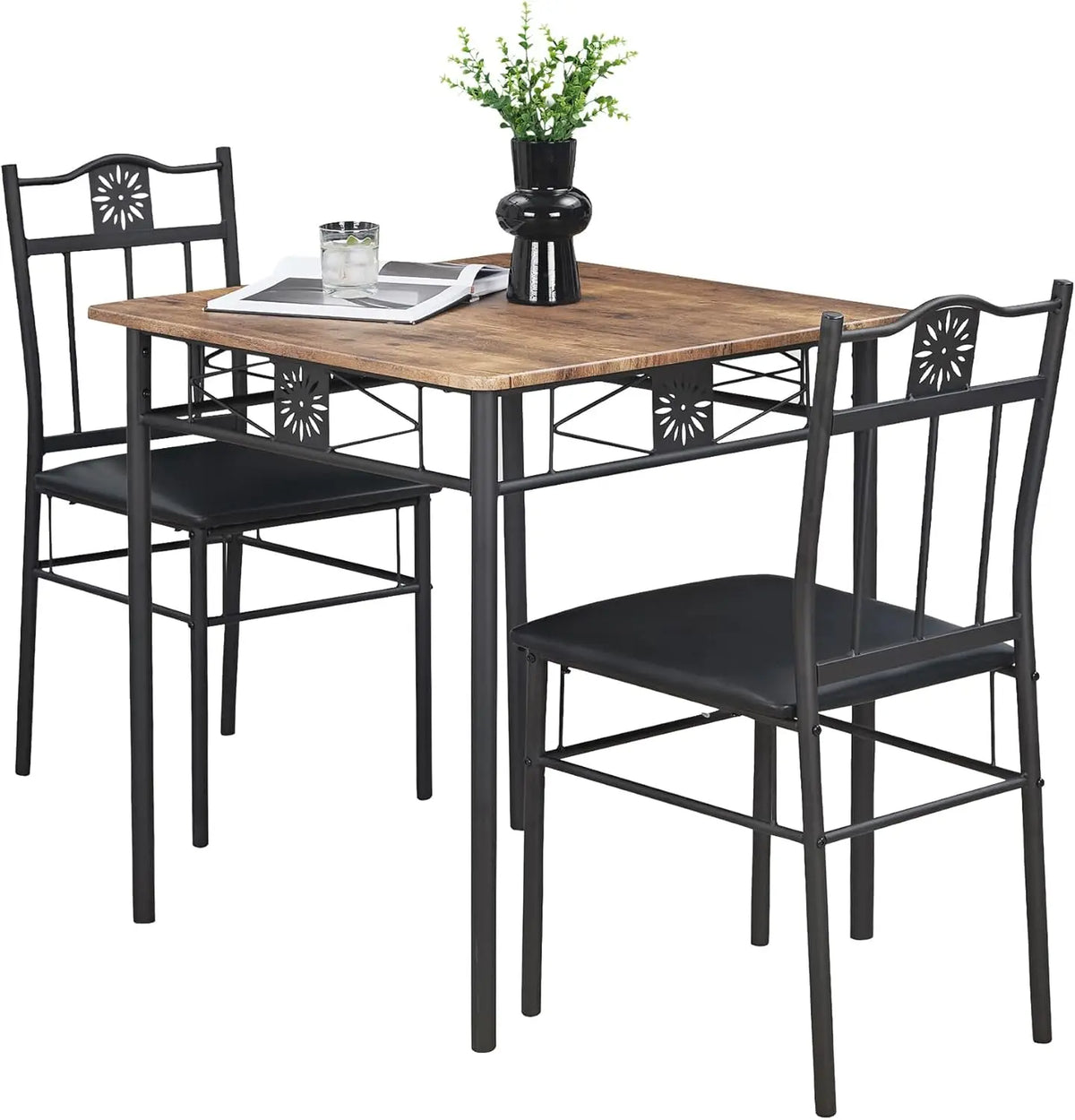 Compact 3-Piece Dining Table Set for Two with PU Padded Chairs, Retro Brown - Space-Saving Kitchen Furniture