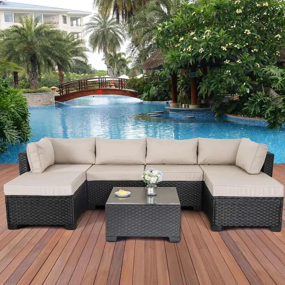 7 Pieces Outdoor PE Wicker Furniture Set Patio Rattan Sectional Conversation Sofa Set With Khaki Cushions And Glass Top Table