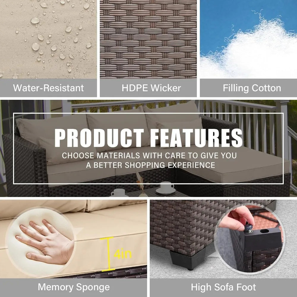 3-Piece Outdoor Sectional Sofa Set with Wicker Couch, Ottoman, and Coffee Table - All-Weather, Weather-Resistant Storage Include