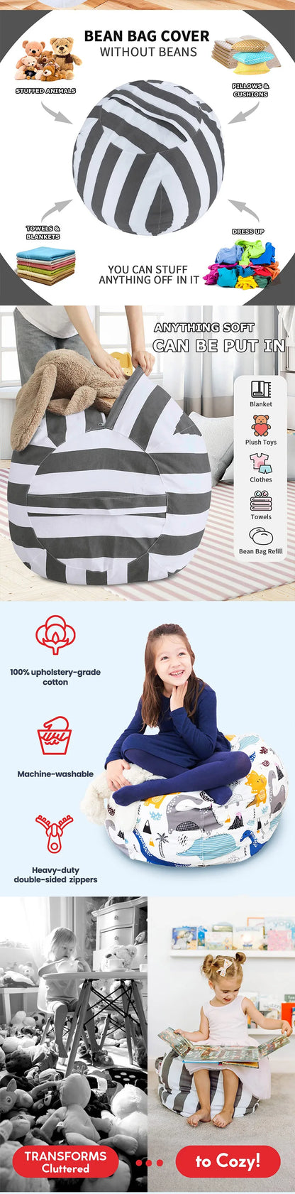 Printed Children's Plush Toy Storage Beanbag Set Comfortable Lazy Sofa Beanbag Storage Stuffed Chair Children's Toy Zipper