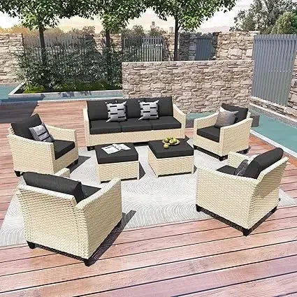 Wicker Patio Furniture Set Modern Outdoor Conversation  Sofa with Cushion and Ottomans for Garden, Poolside, Backyard