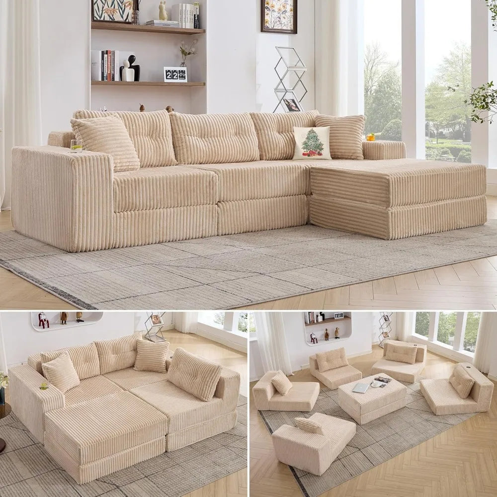 Modular Sectional Sofa Couch, Corduroy Cloud Boneless Foam Couch with Deep Seats & Cup Holder, Modern Comfy Sleeper, Customized
