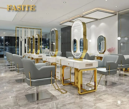 Hairdresser's mirror stand hair salon special solid wood haircut mirror simple barber's table with light