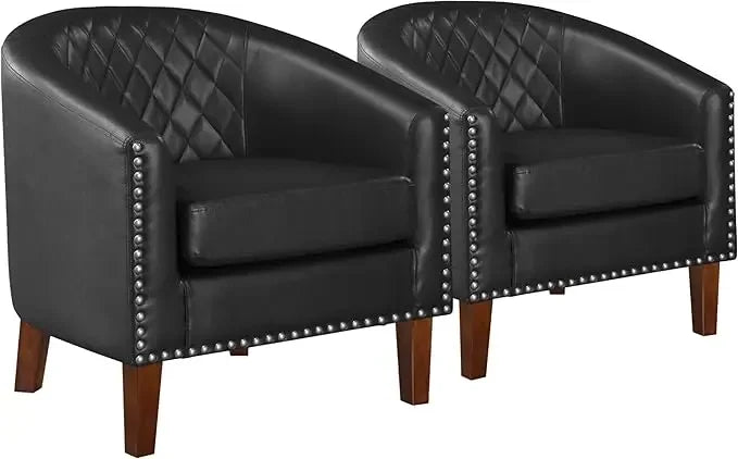 Nordic luxury Comfy Barrel Accent Chair Set, Grid Backrest Diamond, Faux Leather with Cushion for Living Room Club