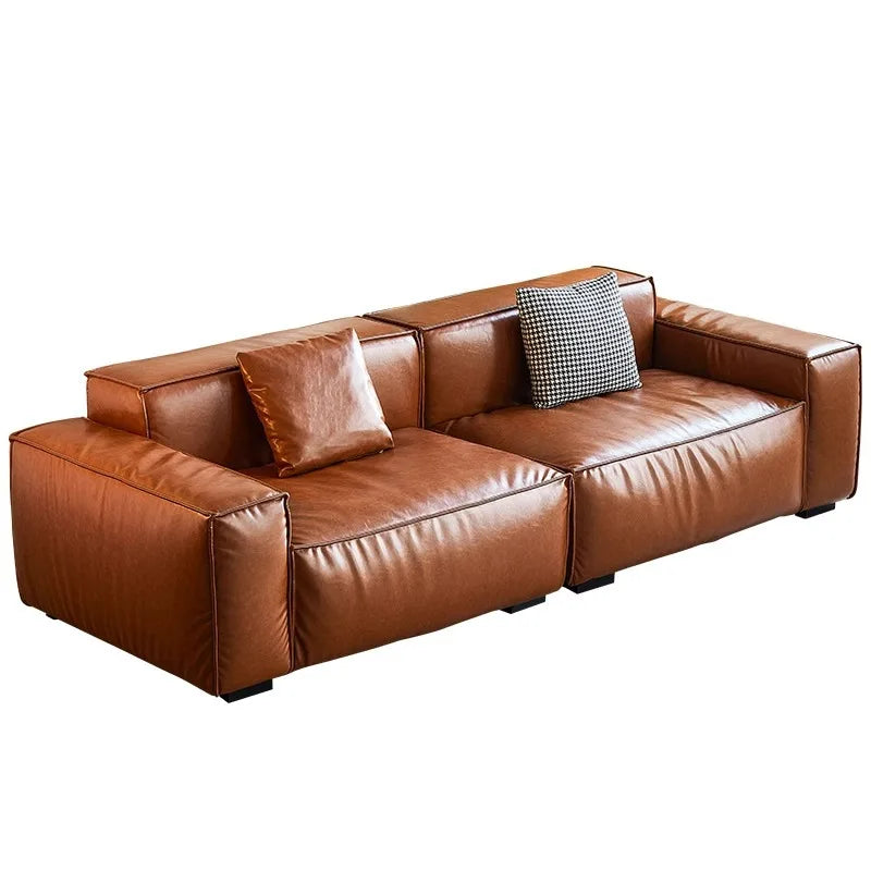 French Vintage Three-Person Genuine Leather Sofa Set in Ancient Caramel Tone for Small Living Rooms or Apartments