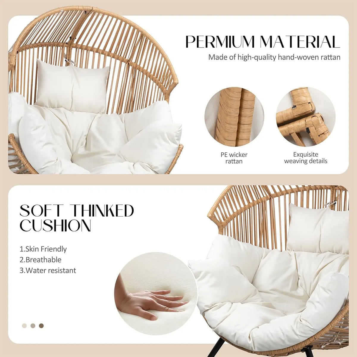 Oversized Wicker Egg Chair with Cushion, Indoor Outdoor Patio Lounger for Living Room Bedroom Balcony