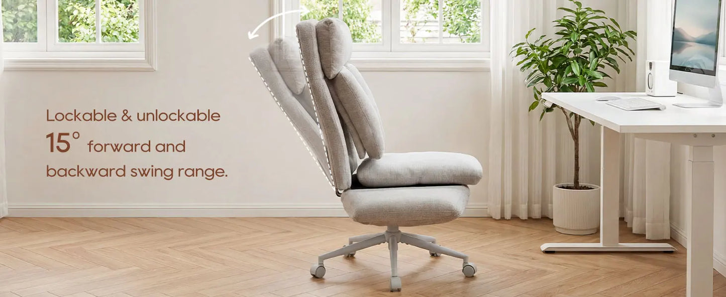 TCGBKAF Beige Big&Tall Office Chair with Flip Armrests Cross Legged Office Chair with Wheels Soft Chenille Executive Chair with Adjustable Lumbar Support Ergonomic Computer Desk Chair