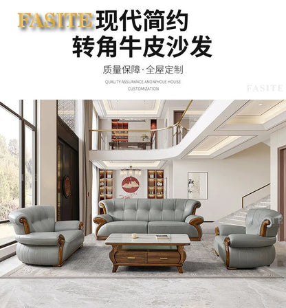 Ebony leather sofa modern light luxury high-end living room villa first layer cowhide solid wood new Chinese-style small