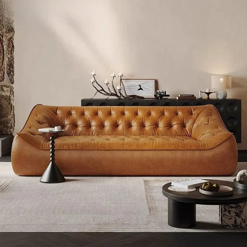 Leather sofa, small apartment living room straight row cowhide sofa
