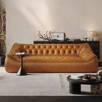 Leather sofa, small apartment living room straight row cowhide sofa