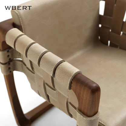 Wbert Modern Italian Leather Woven Leisure Dining Chair Solid Wood Courtyard Armchair For Hotel Villa Living Room