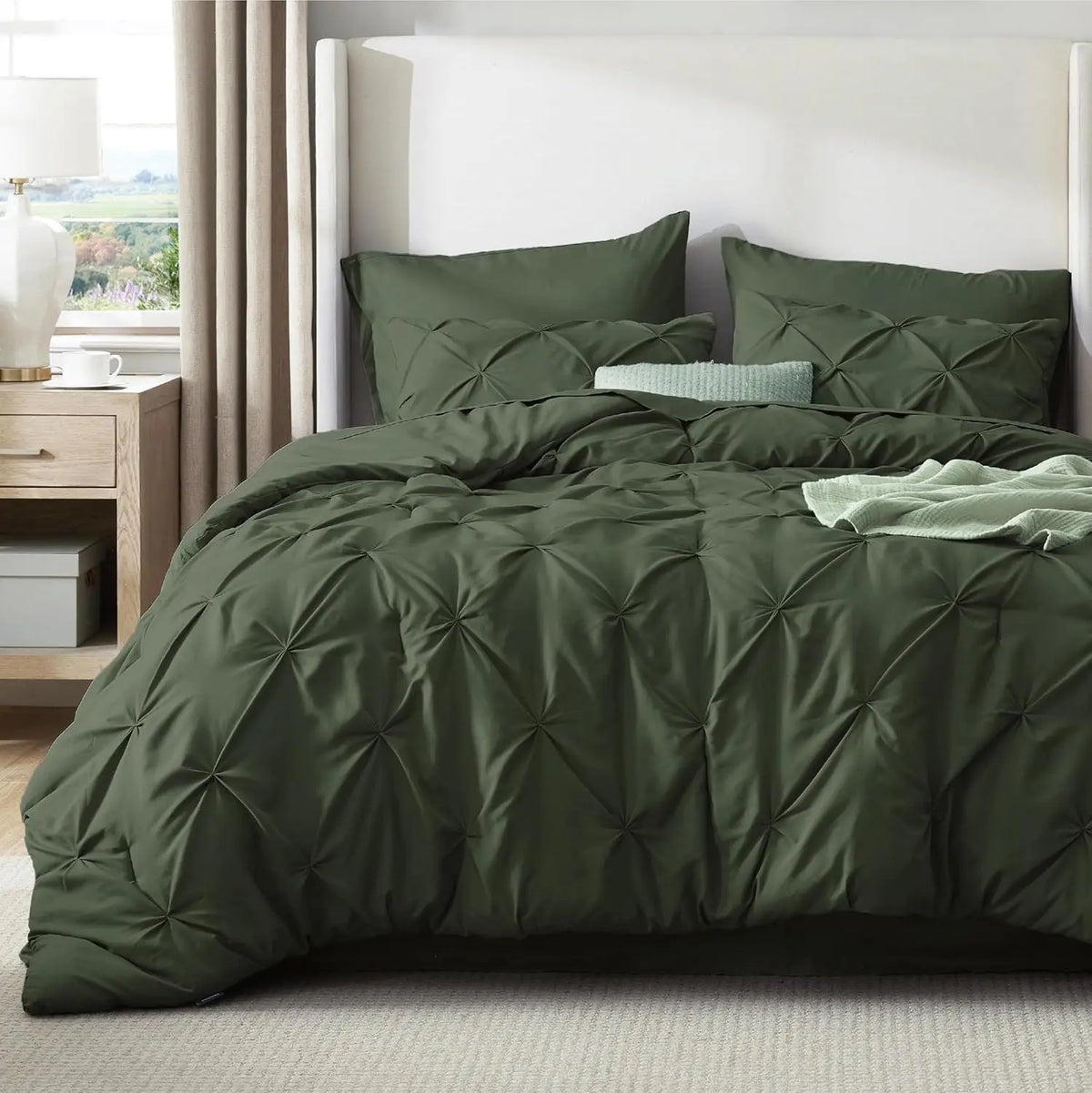 Full Comforter Set Olive Green Bed in a Bag Full Size 7 Pieces GentleSoft™ Pintuck Bed Set Gift for Family Pinch Pleat Olive Gre