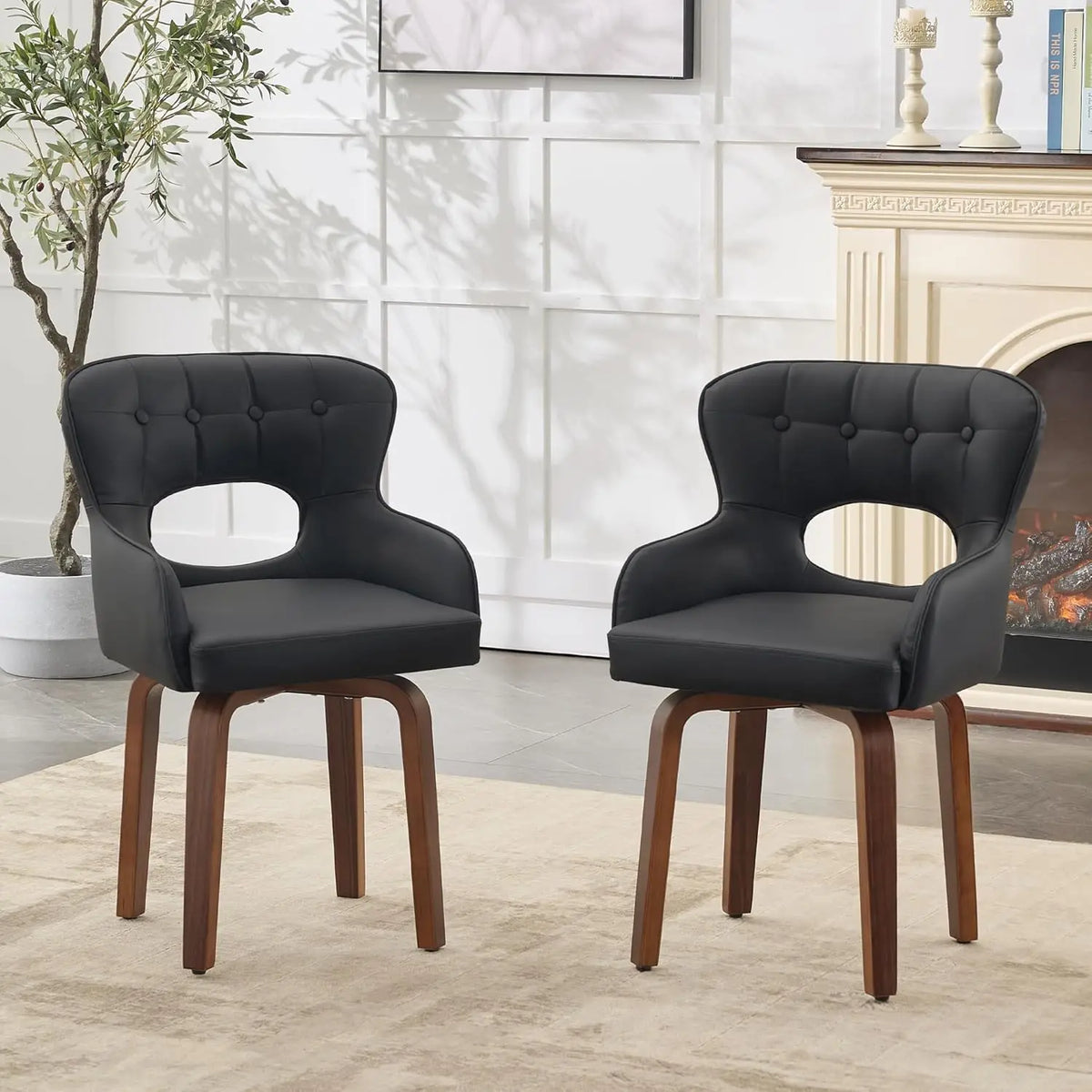 Swivel Dining Chairs Set of 2 - Mid Century Modern Faux Leather Armchairs with 360° Swivel, Ergonomic U-Shaped Back, Customized