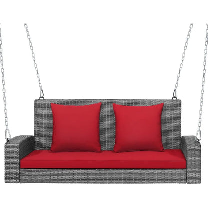 2-Person Porch Swing Bench - PE Rattan Outdoor Swing Chair with Comfortable Seat & Back Cushions, Rustproof Metal Cha