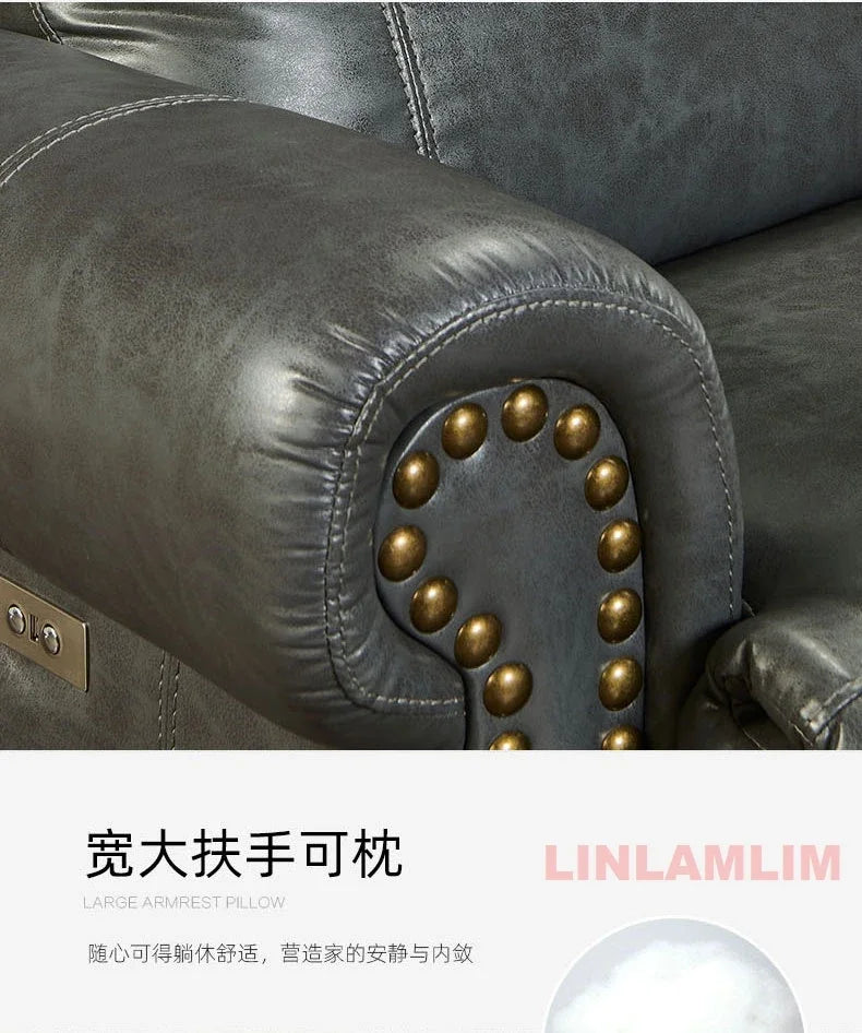 MINGDIBAO Luxury Genuine Leather Power Recliner Sofa Set, L Shape Electric Reclining Couch with Nailhead Trim, Home Theater Seat