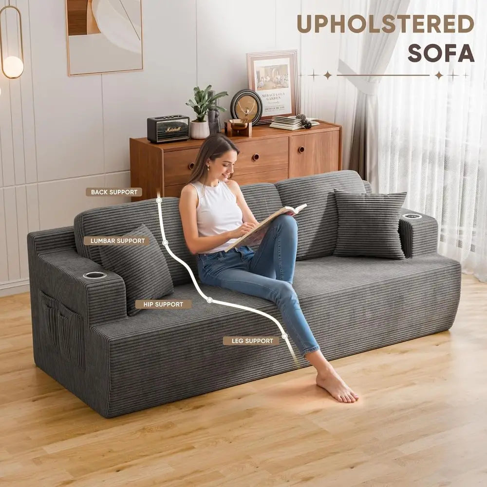87” BonelSoa Couch with 2 Pillows Extra Deep Seats, Corduroy abric 3 Seater Soa or Living Room with Cup Holder & Storage ket Uph