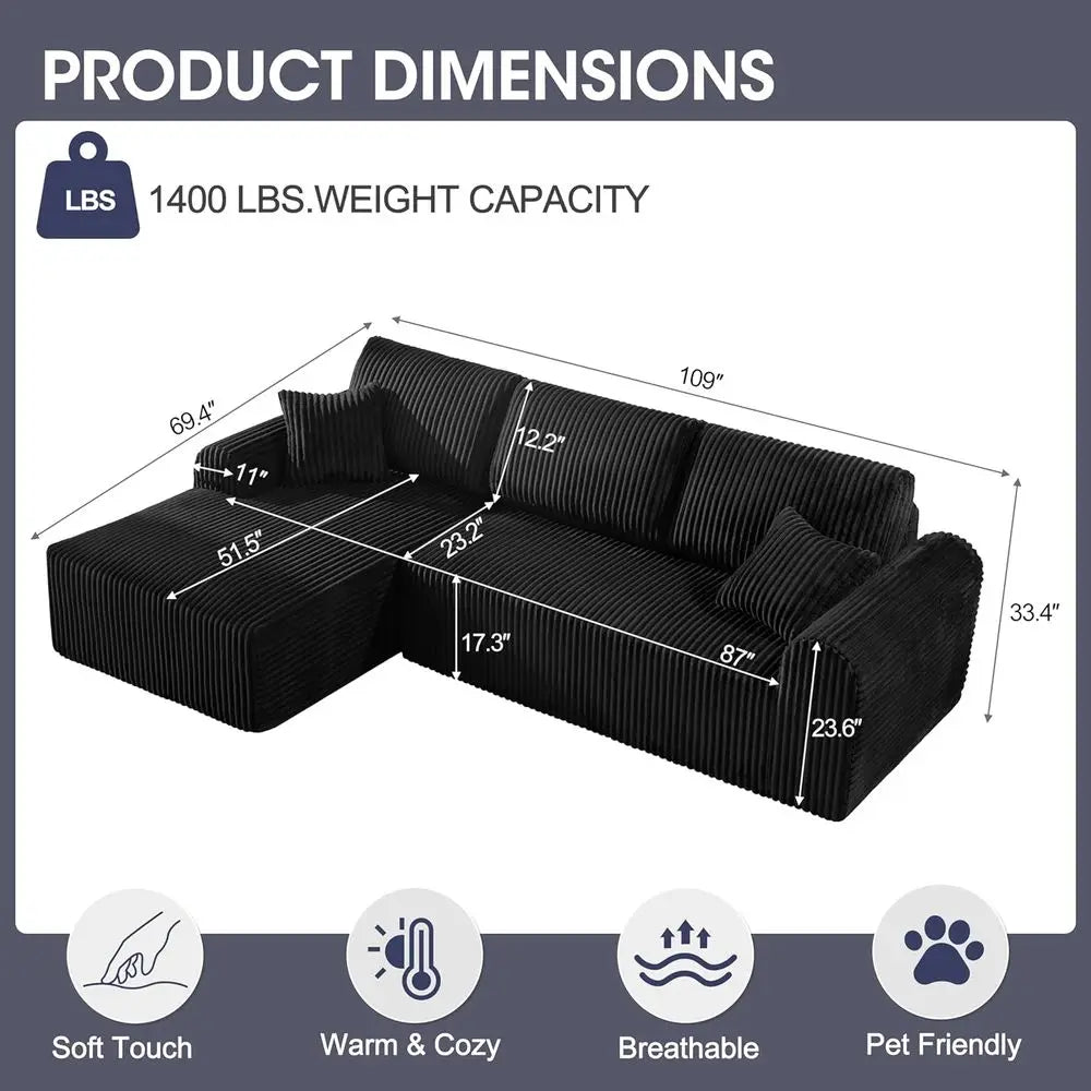 Black Corduroy L-Shaped Sofa with Chaise, Deep Seating, No Assembly Needed for Living Room or Bedroom