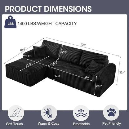 Black Corduroy L-Shaped Sofa with Chaise, Deep Seating, No Assembly Needed for Living Room or Bedroom