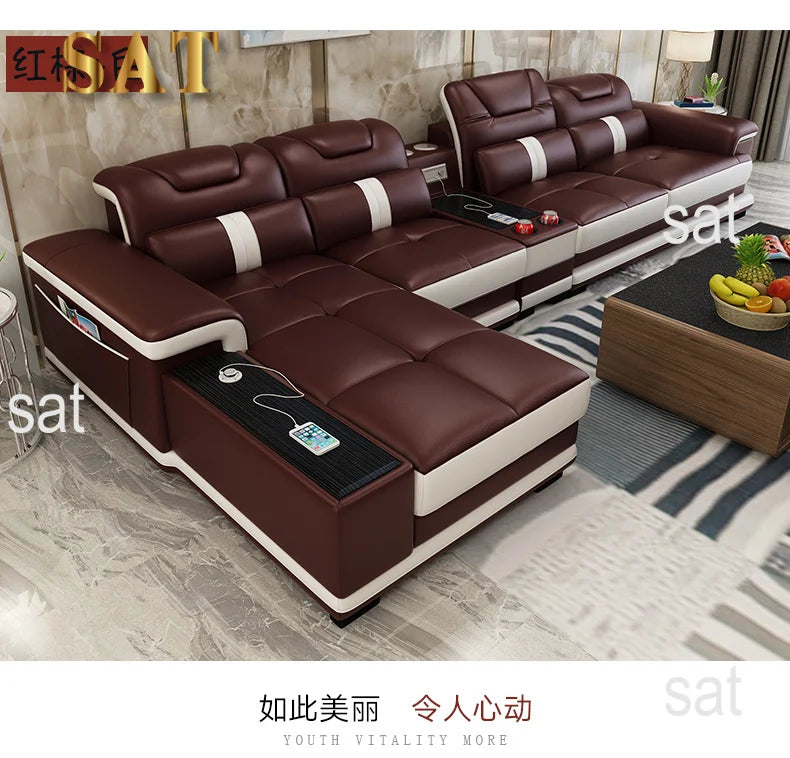 for Modern Living Room Sofas L Shape Corner Italian Genuine Leather Couch with Speake,Radio,USB, Bluetooth, Cup Holder