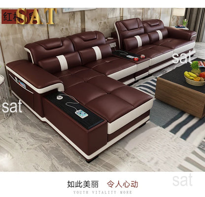 for Modern Living Room Sofas L Shape Corner Italian Genuine Leather Couch with Speake,Radio,USB, Bluetooth, Cup Holder