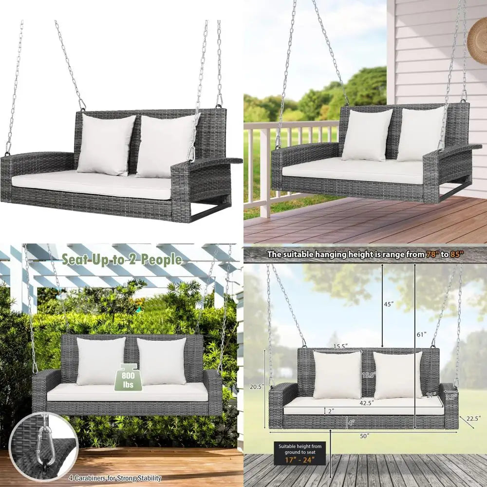 #For Heavy Duty 800 LBS Wicker Hanging Porch Swing with Cushions & Chains,  Outdoor Rattan Swing Bench for Garden, Yard&