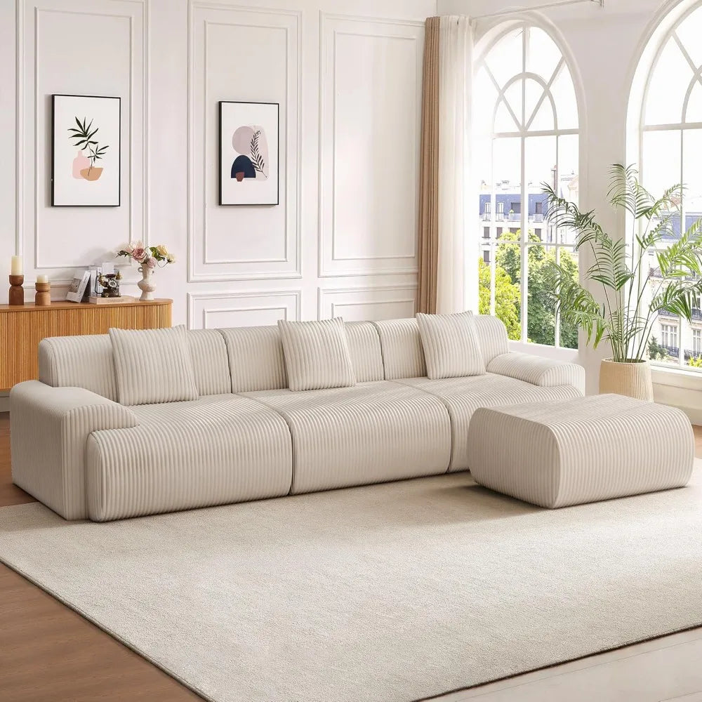 118" Modern L Shaped Modular Sectional Sofa, Boneless Cloud Couch with Ottoman, Oversized Corduroy Couch Deep Seat, 30D Sponge