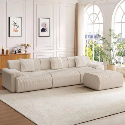 118" Modern L Shaped Modular Sectional Sofa, Boneless Cloud Couch with Ottoman, Oversized Corduroy Couch Deep Seat, 30D Sponge