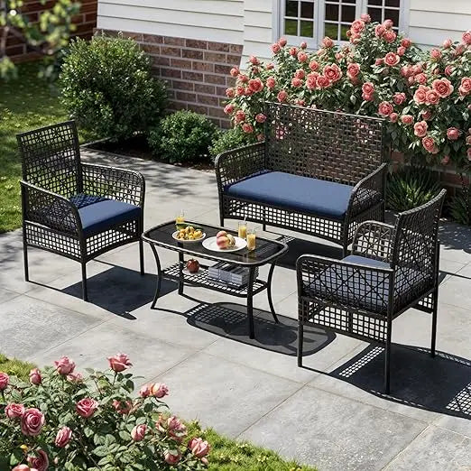 Patio Furniture Set 4 Pieces Outdoor Wicker Rattan Chairs with Coffee Table and Cushions, Modern Patio Conversation Sets for Poo