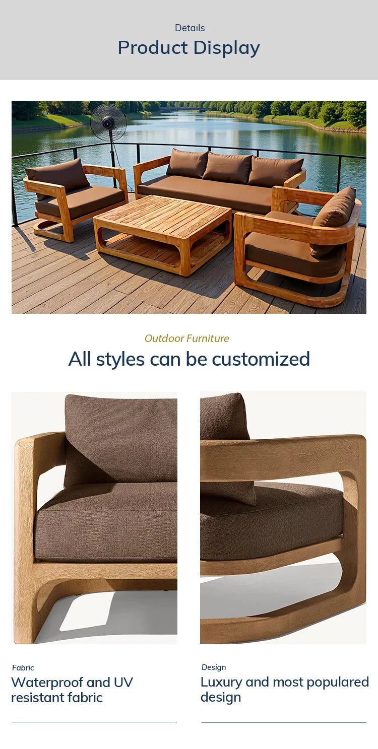 Leisure Open-air Courtyard Sofa Teak Villa Homestay Hotel Modern Outdoor Furniture Combination Waterproof Garden Wooden Sofa Set