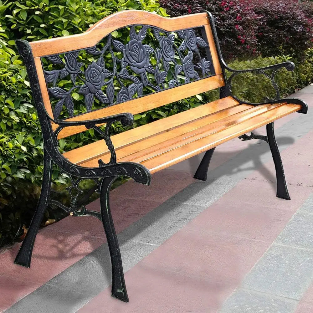 50 Outdoor Patio Bench, Cast Iron & Hardwood Loveseat, Weather-Resistant 2-Person Porch Furniture
